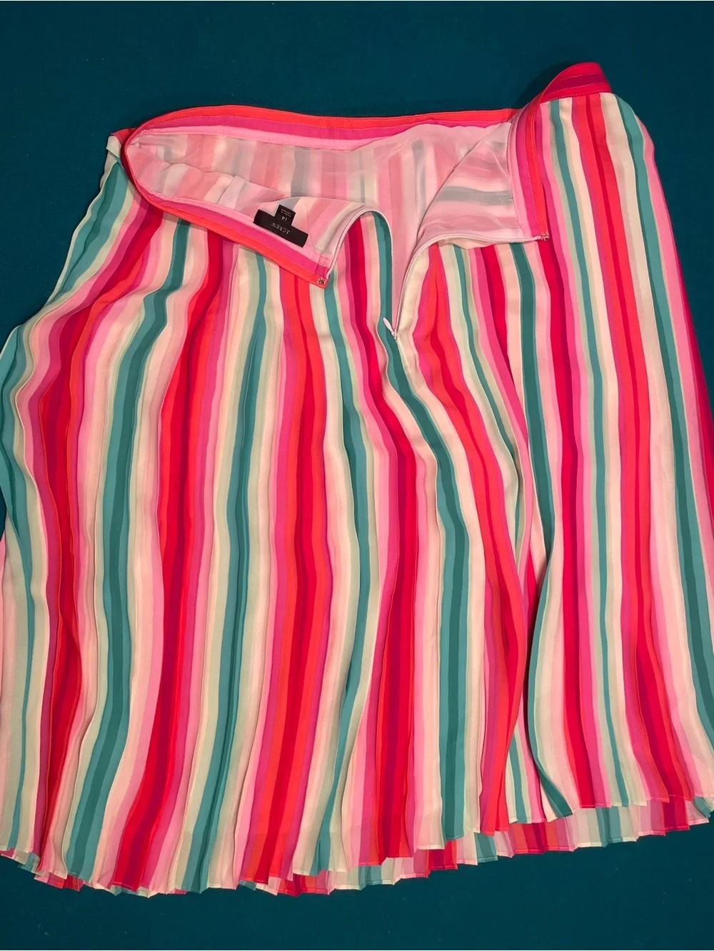 J. Crew Striped Pleated Midi Skirt - Pink, Teal & White